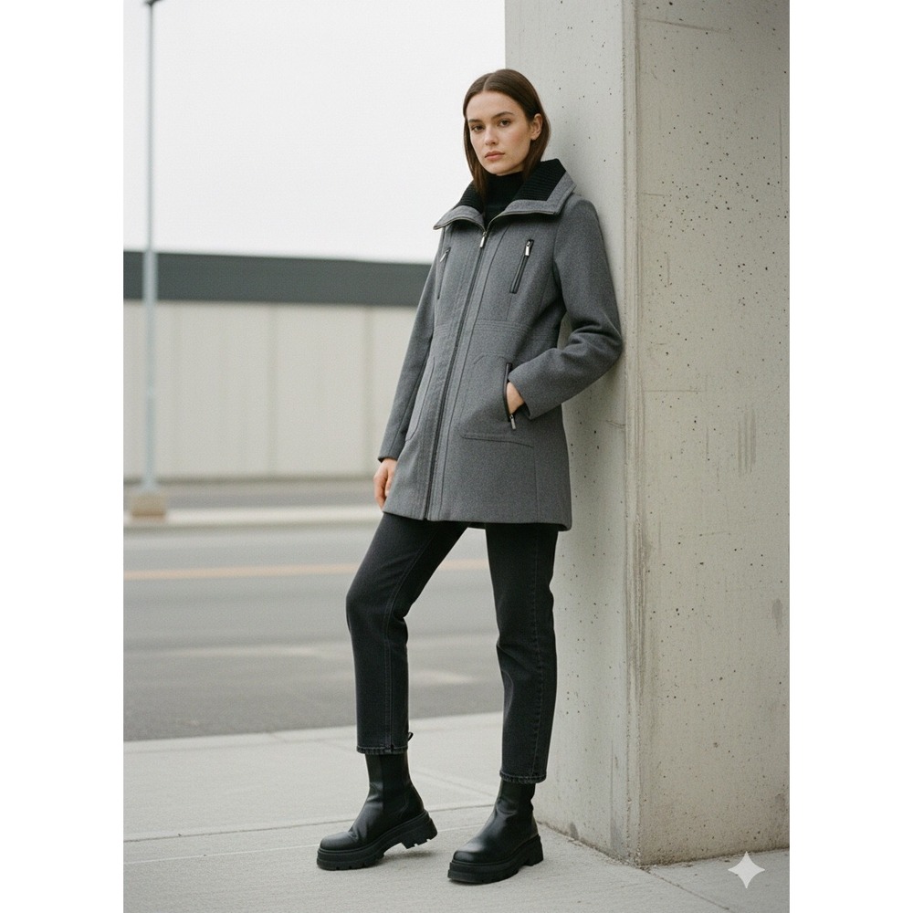 Yoki Womens Grey Wool Blend Full Zip Mid-Length Coat Ribbed Collar JW2217 Size M